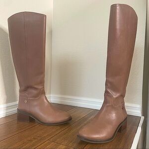 Tory Burch tan brown Leather Knee-High Boots zip up boots fall boots block heel